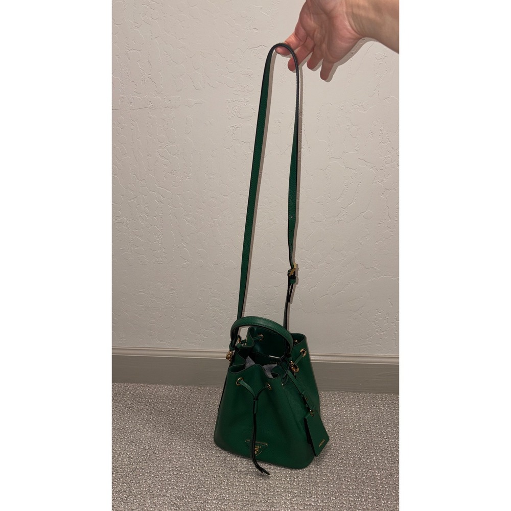 Prada Saffiano Leather Bucket Bag Green Gold Hardware Crossbody 1BE032 - Picture 10 of 10